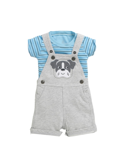 

Hopscotch Boys Blue Striped Pure Cotton T-shirt with Dungaree