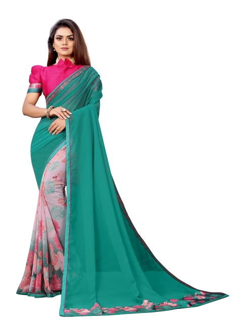 

Jashvi Creation Green & Pink Floral Pure Georgette Half and Half Saree