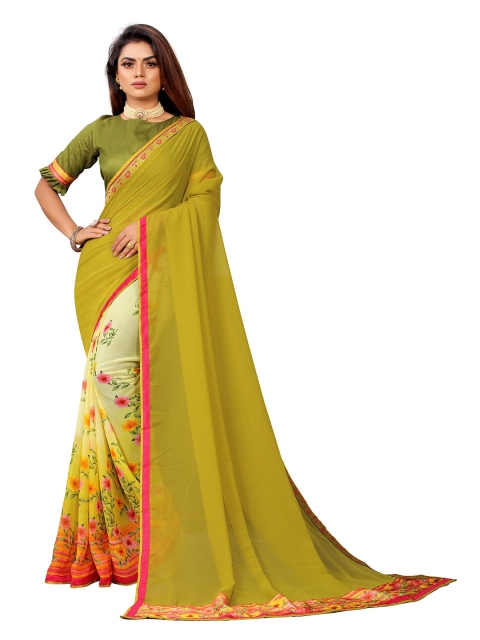 

Jashvi Creation Green & Pink Floral Half and Half Block Print Saree