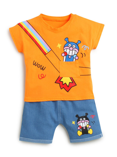 

Hopscotch Boys Orange & Blue Printed Pure Cotton T-shirt with Shorts