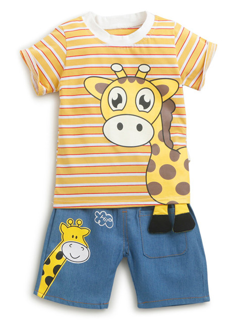 

Hopscotch Boys Yellow & Blue Printed Cotton T-shirt with Shorts