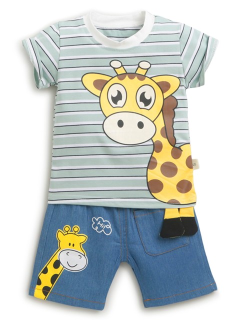 

Hopscotch Boys Green & Blue Printed Cotton T-shirt with Shorts