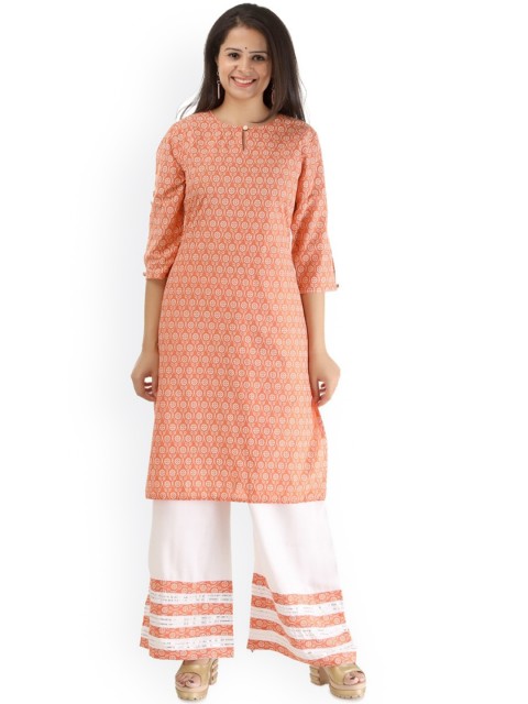 

SINGNI Women Orange Geometric Embroidered Keyhole Neck Thread Work Kurta