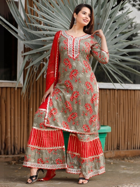 

SINGNI Women Green Ethnic Motifs Printed Kurta with Sharara & With Dupatta