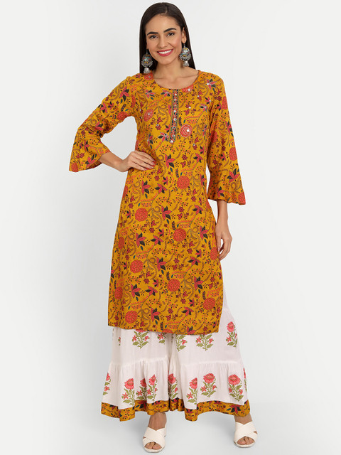 

SINGNI Women Mustard Yellow Floral Printed And Embroidered Kurta With Sharara