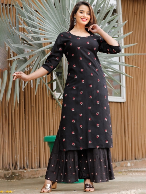 

SINGNI Women Black Striped Flared Sleeves Mirror Work Kurta