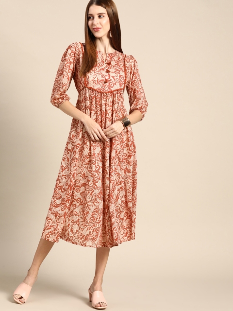 

Anouk Brown & Beige Ethnic Motifs Puff Sleeves Ethnic A-Line Midi Dress