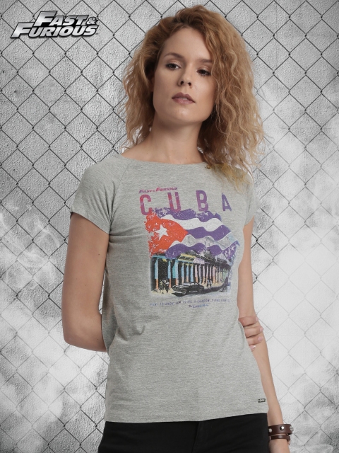 

Roadster Fast and Furious Women Grey Melange Printed Round Neck T-shirt