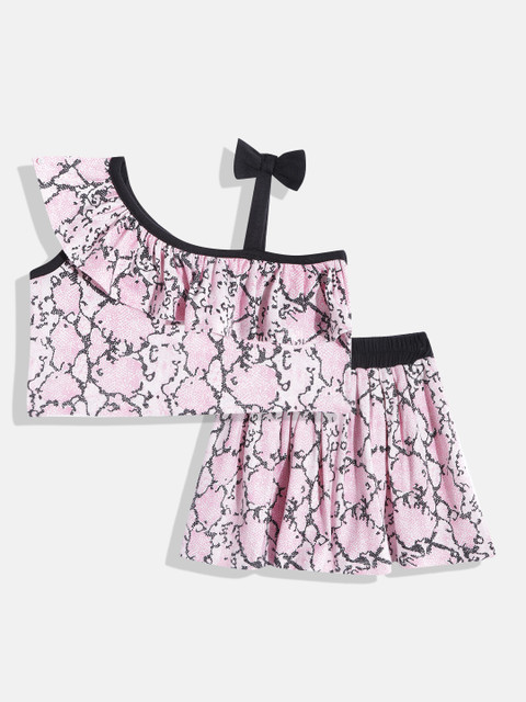 

CrayonFlakes Girls Pink & White Printed Top with Skirt
