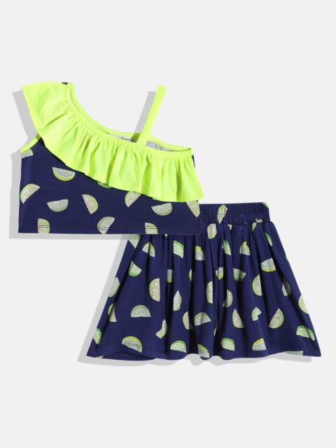 

CrayonFlakes Girls Navy Blue & Fluorescent Green Printed Top with Skirt
