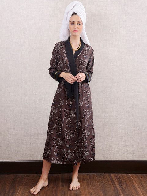 

NOCHEE VIDA Women Brown & Black Printed Cotton Maxi Length Robe