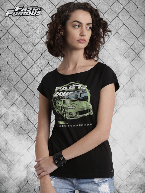 

Roadster Fast and Furious Women Black Printed Boat Neck T-shirt