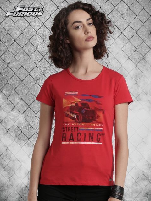 

Roadster Fast and Furious Women Red Printed Round Neck T-shirt