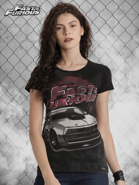 

Roadster Fast and Furious Women Black Printed Round Neck T-shirt