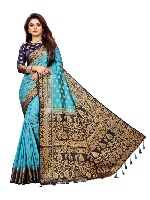 

PERFECT WEAR Turquoise Blue & Navy Blue Woven Design Zari Silk Cotton Banarasi Saree