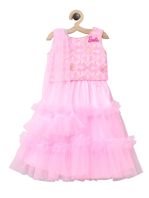 

Barbie by Many Frocks & Girls Pink & Gold-Toned Printed Ready to Wear Lehenga Blouse With Dupatta