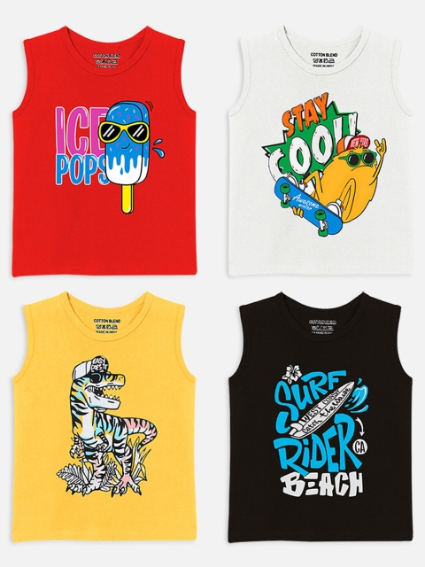 

Trampoline Kids Multicolour Pack of 4 Printed Sleeveless T-shirt, Yellow