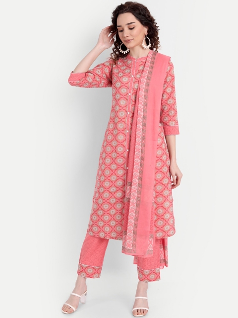 

HK colours of fashion Women Pink Ethnic Motifs Printed Pure Cotton Kurta with Trousers & With Dupatta