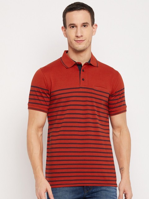 

Okane Men Orange Striped Polo Collar T-shirt