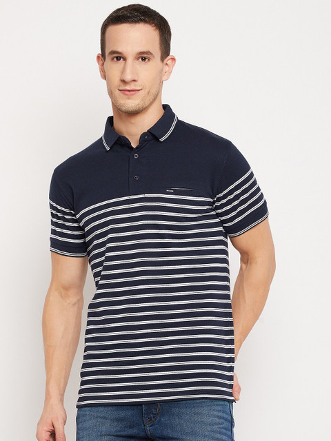 

Okane Men Navy Blue Vertical Striped Polo Collar T-shirt