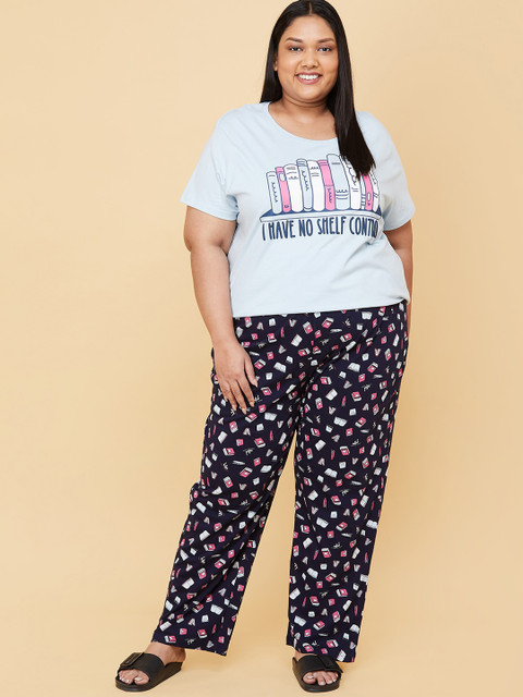 

max Women Plus Size Blue & Black Printed Pure Cotton Night Suit