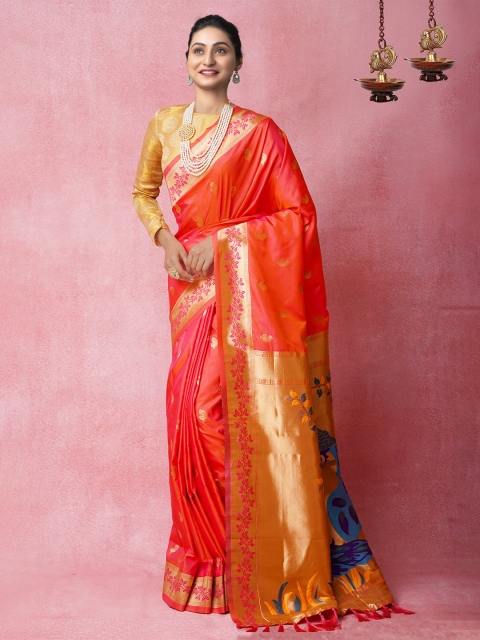 

Unnati Silks Orange & Blue Ethnic Motifs Woven Design Banarasi Saree