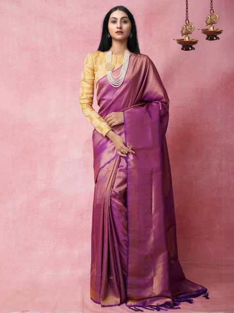 

Unnati Silks Violet & Gold-Toned Woven Design Zari Silk Blend Banarasi Saree