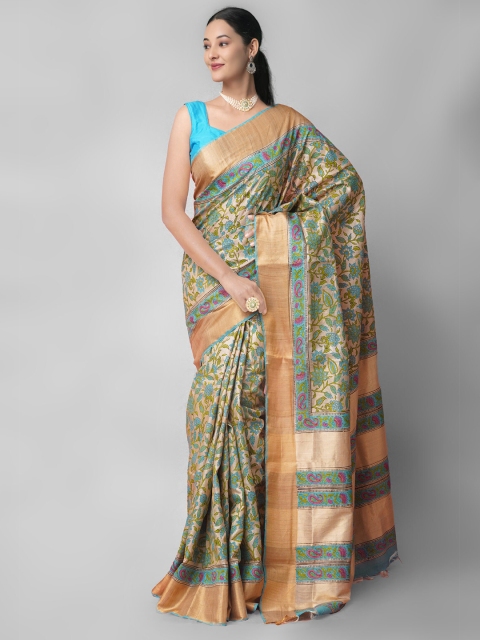 

Unnati Silks Brown & Blue Ethnic Motifs Zari Pure Silk Tussar Saree