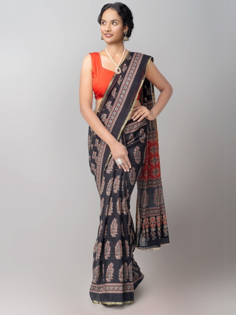 

Unnati Silks Black & Red Ethnic Motifs Pure Mulmul Soft Cotton Saree
