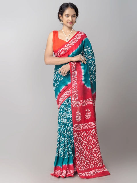 

Unnati Silks Blue & Red Batik Pure Cotton Kota Saree