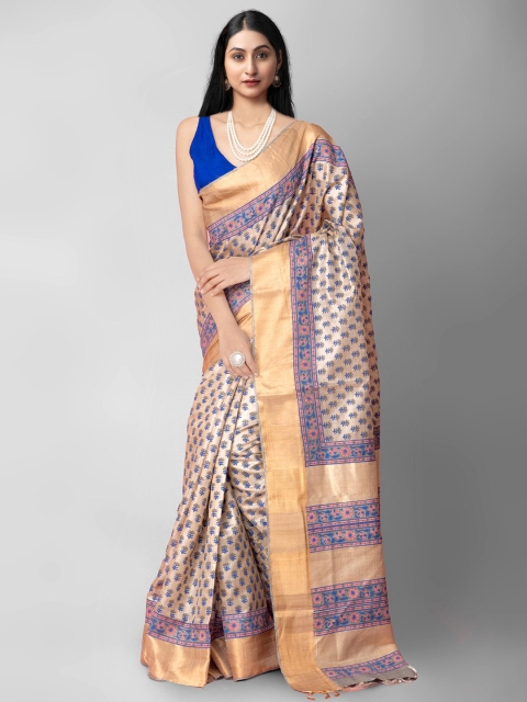 

Unnati Silks Camel Brown & Blue Ethnic Motifs Pure Silk Tussar Saree