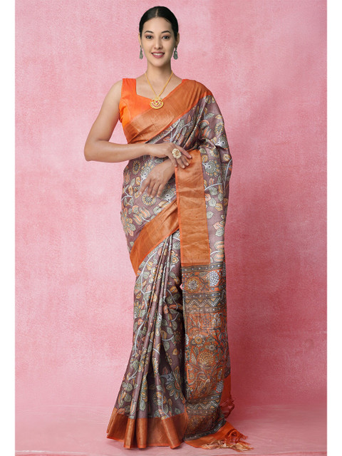 

Unnati Silks Brown & Orange Ethnic Motifs Pure Silk Tussar Saree