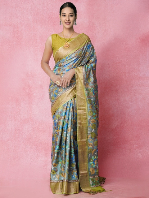 

Unnati Silks Grey & Green Ethnic Motifs Zari Pure Silk Tussar Saree