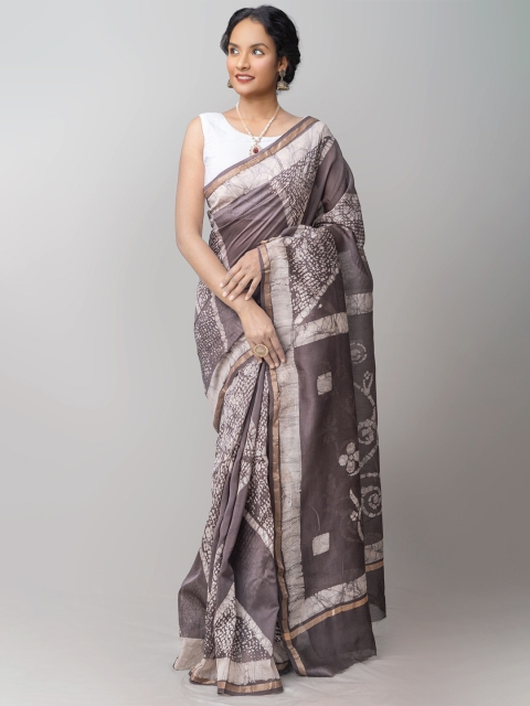 

Unnati Silks Grey & White Pure Fusion Batik Chanderi Sico Saree