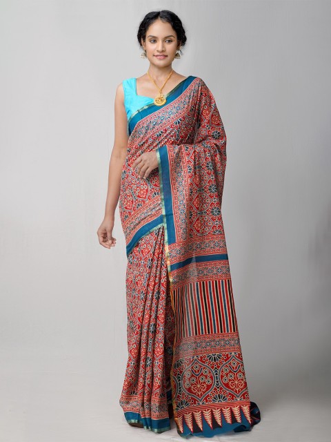 

Unnati Silks Blue & Red Zari Pure Cotton Patola Saree