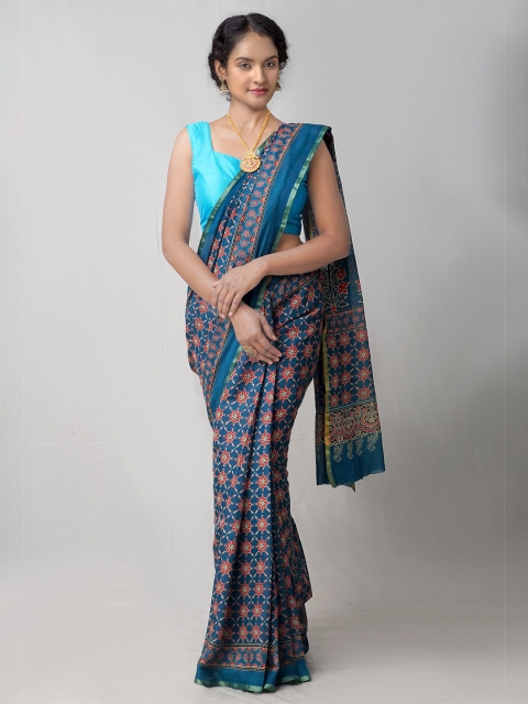 

Unnati Silks Blue & Red Pure Cotton Patola Saree