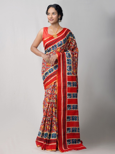 

Unnati Silks Red & Blue Pure Cotton Saree