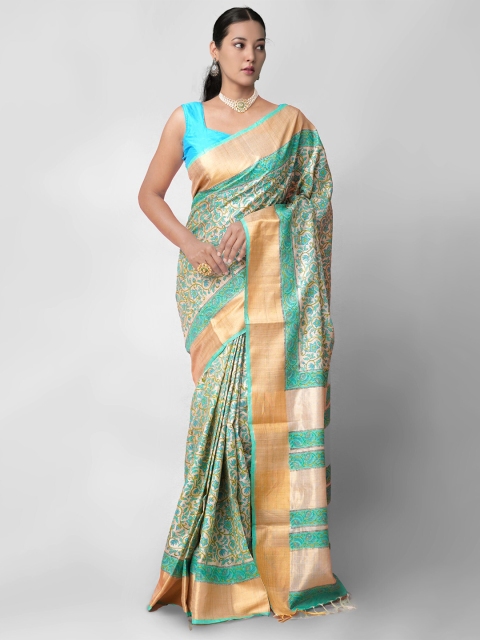 

Unnati Silks Sea Green & Cream-Coloured Ethnic Motifs Zari Pure Silk Tussar Saree