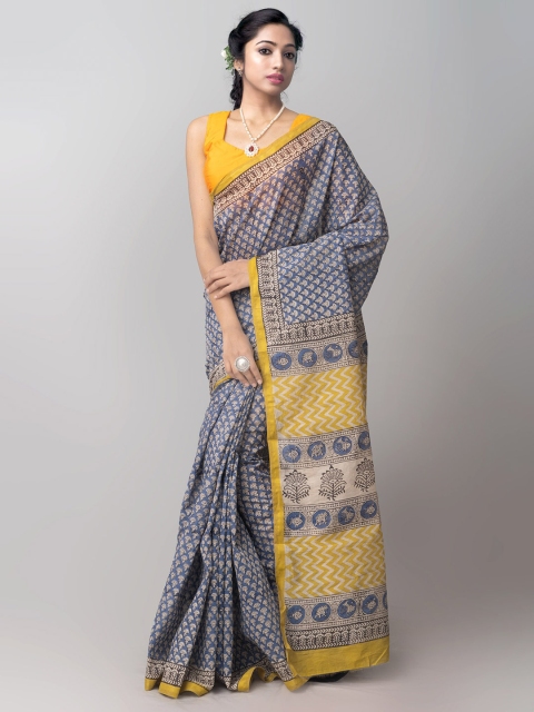 

Unnati Silks Blue & Yellow Ethnic Motifs Bagru Zari Silk Cotton Chanderi Saree