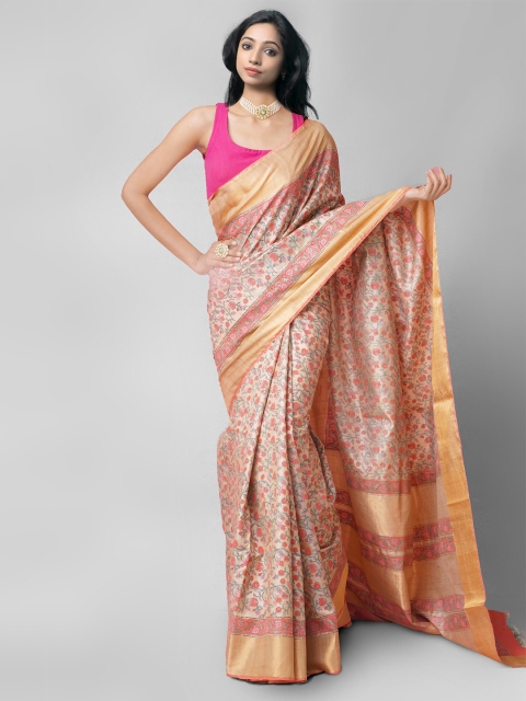 

Unnati Silks Brown & Red Ethnic Motifs Zari Pure Silk Tussar Handloom Saree