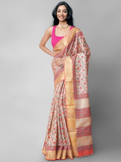 

Unnati Silks Brown & Beige Floral Zari Pure Silk Tussar Saree