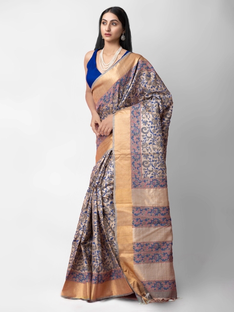 

Unnati Silks Beige & Blue Ethnic Motifs Zari Pure Silk Tussar Saree