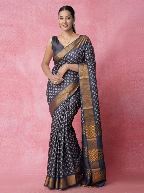 

Unnati Silks Black & Brown Ethnic Motifs Pure Silk Handloom Tussar Saree
