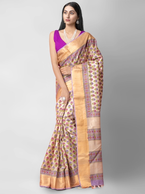

Unnati Silks Beige & Purple Floral Pure Silk Tussar Saree