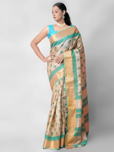 

Unnati Silks Peach-Coloured & Green Floral Zari Handloom Pure Silk Tussar Saree