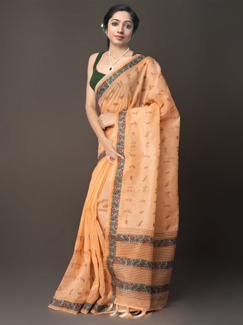 

Unnati Silks Orange & Green Warli Embroidered Silk Cotton Banarasi Saree