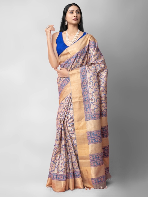 

Unnati Silks Cream-Coloured & Blue Ethnic Motifs Zari Pure Silk Tussar Saree