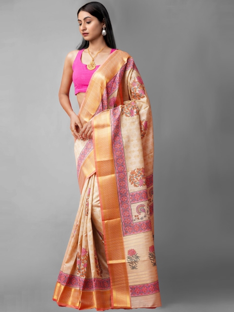 

Unnati Silks Beige & Peach-Coloured Ethnic Motifs Zari Jute Silk Maheshwari Saree