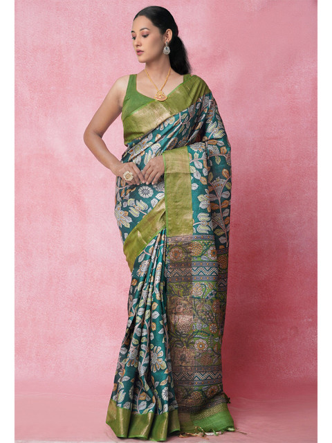 

Unnati Silks Teal Floral Pure Silk Tussar Saree