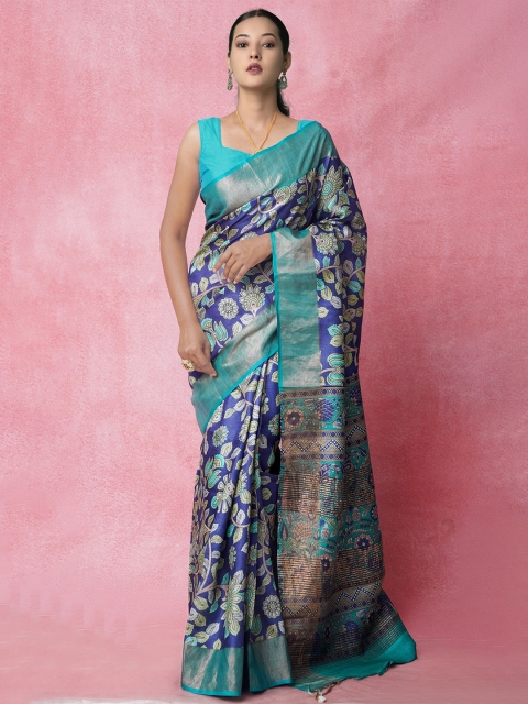 

Unnati Silks Navy Blue & Silver-Toned Ethnic Motifs Printed Pure Silk Tussar Saree